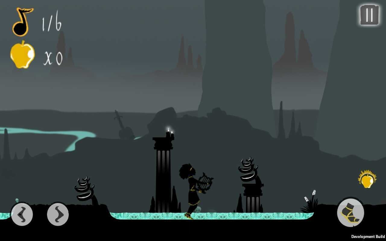 An in-game screenshot of Eury's Song. A woman strumming a lyre falls into a pool of acid.