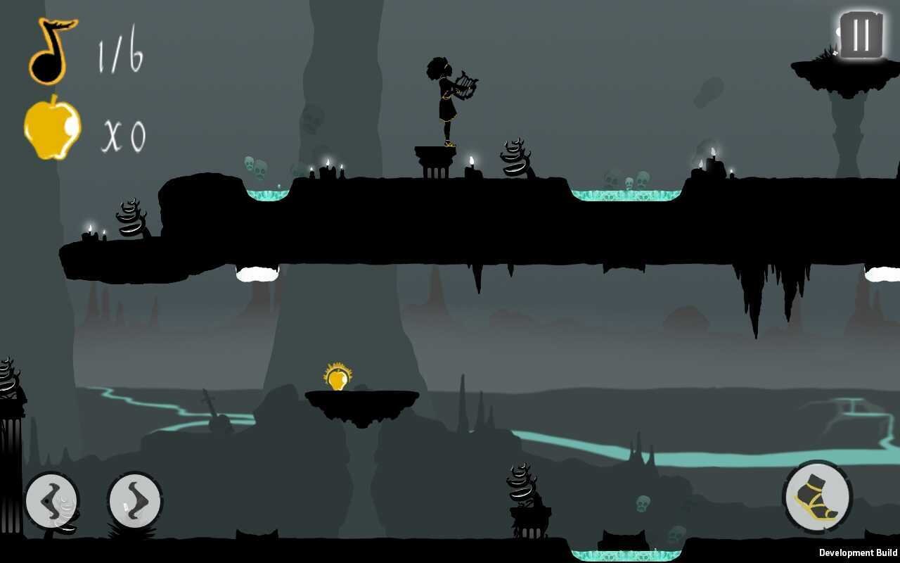 An in-game screenshot of Eury's Song. A woman strumming her lyre stands at the edge of a pedestal, staring bravely out at the obstacles before her.